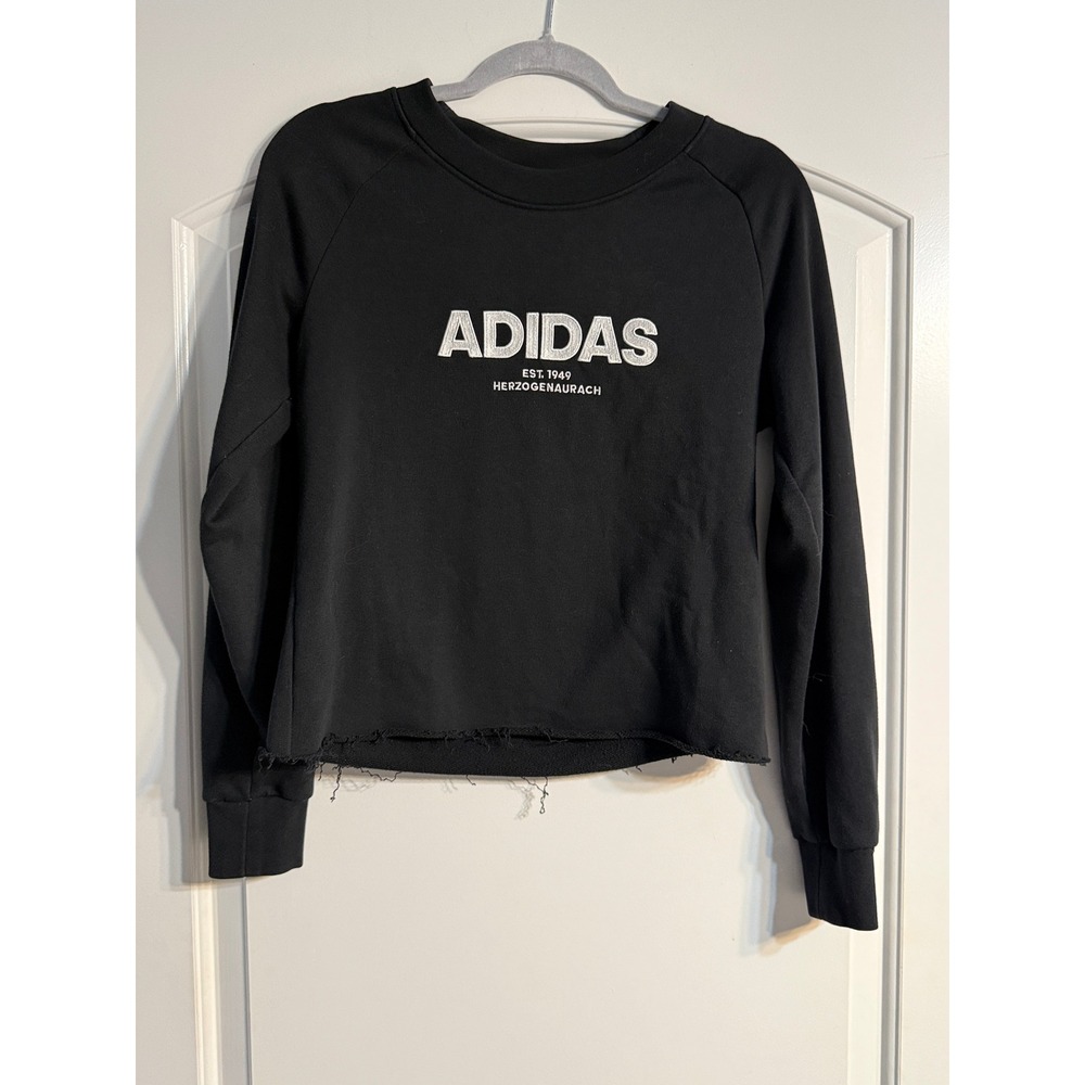 Adidas Sweatshirt Small Black Cropped Raw Hem Embroidered Logo Streetwear